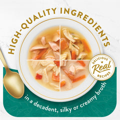 Fancy Feast Broths: ingredientes reconocibles en textura cremosa para añadir hidratación y variedad