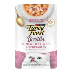 Fancy Feast Broths salmón salvaje y vegetales, sabor jugoso para complementar la comida.