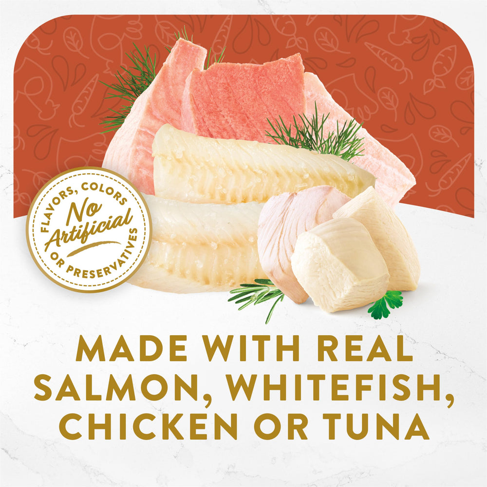 Fancy Feast Broths tuna chicken and whitefish pouch; versatile lickable snack option.