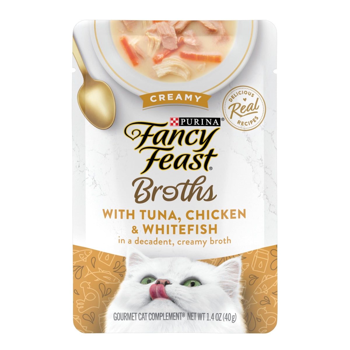 Fancy Feast caldo cremoso con atun, pollo y pescado blanco, ideal para realzar la comida.