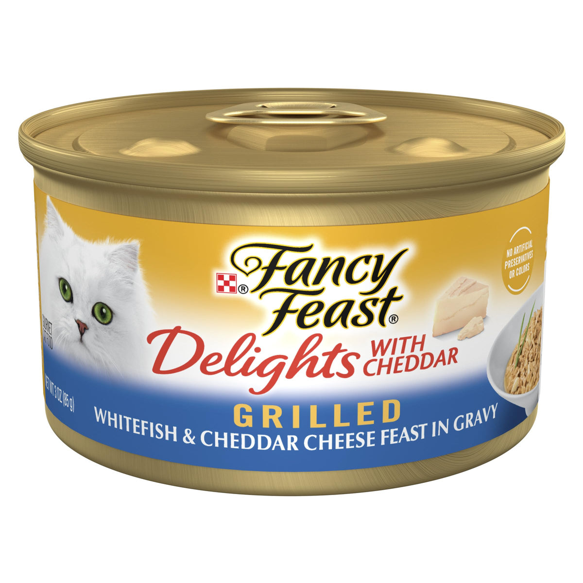 Fancy Feast Delights lata de 3 onzas con pescado blanco y queso cheddar, sabor irresistible.