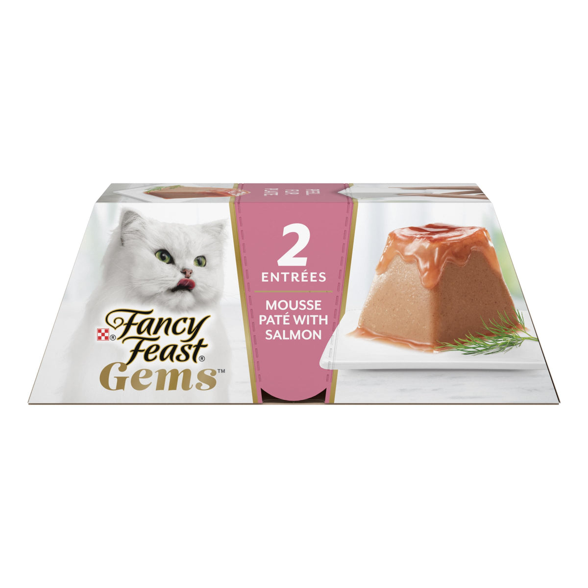 Fancy Feast Gems Mousse con salmón y salsa en presentación atractiva para cada comida.