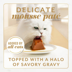Fancy Feast Gems Pate Atún sirviendo, mousse cremosa y salsa sabrosa