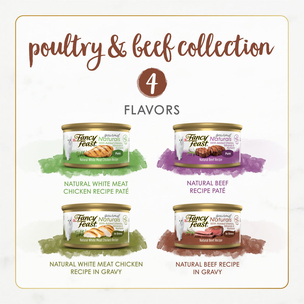 Fancy Feast Gourmet Naturals: lata 3oz de res, sabor que puede atraer el apetito.