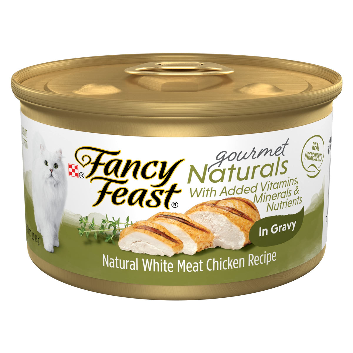Fancy Feast Gourmet Naturals: pollo blanco en lata 3 oz para proteína de alta calidad.