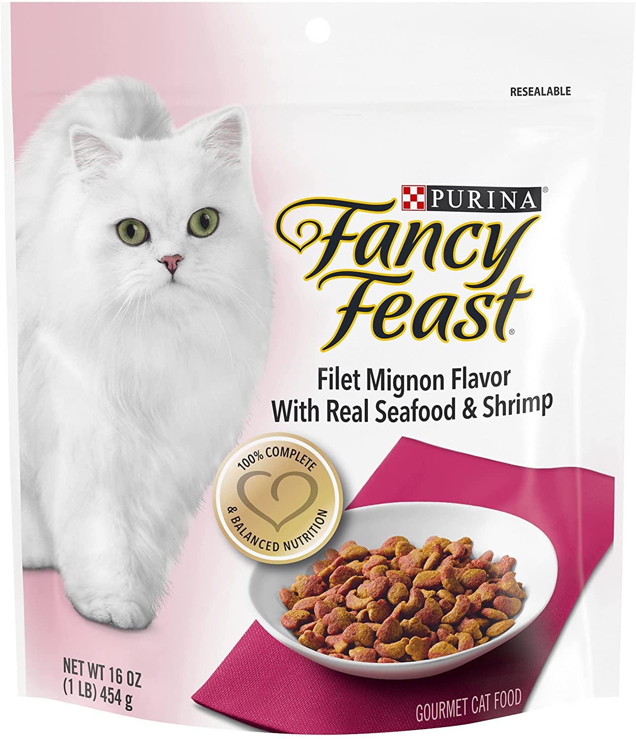Fancy Feast Gourmet Oro Filete Mignon con pescado y camarones, croquetas secas para gatos.
