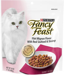 Fancy Feast Gourmet Oro Filete Mignon con pescado y camarones, croquetas secas para gatos.