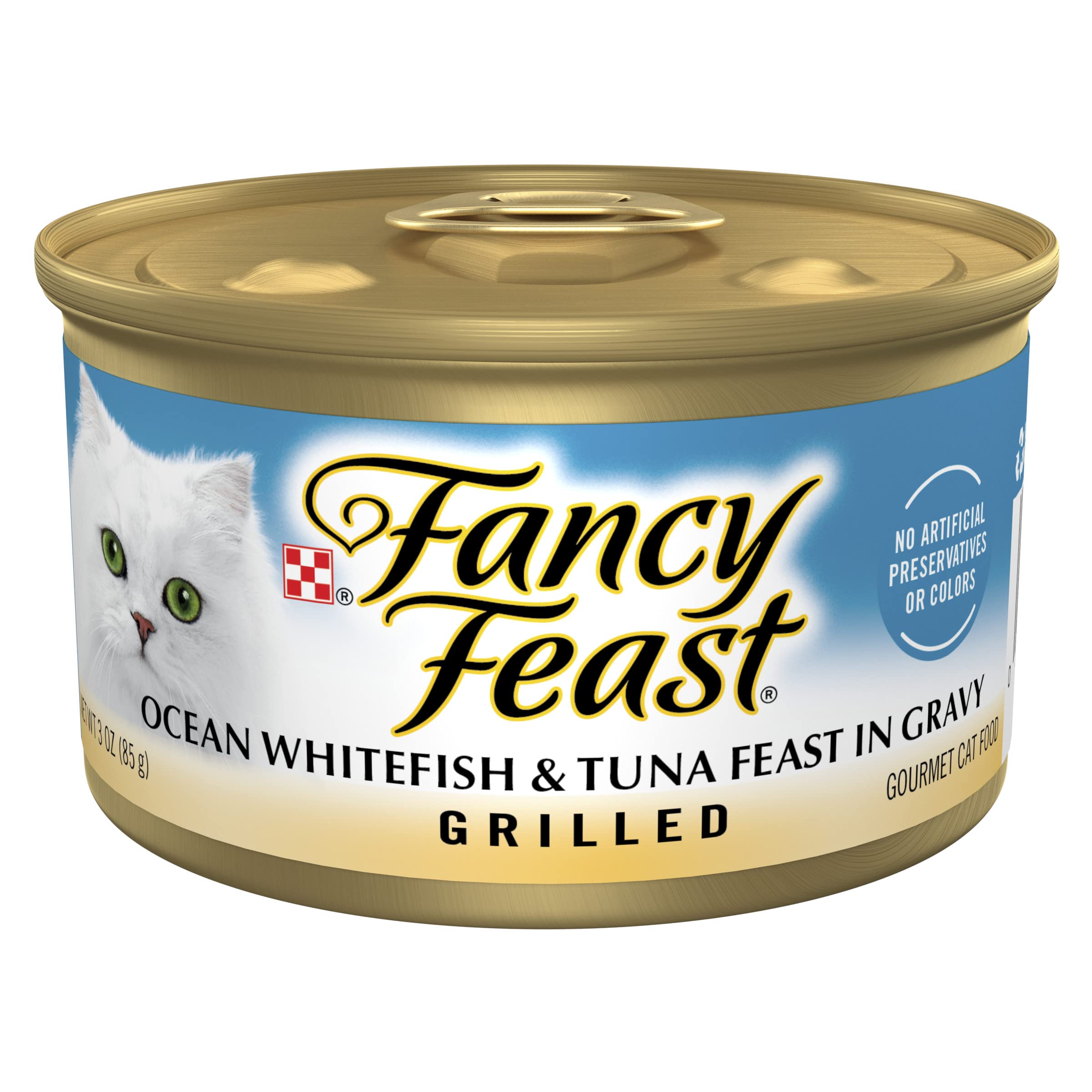 Fancy Feast Grilled Ocean Whitefish y Atun en lata 85 g: sabor marino para tu gato.