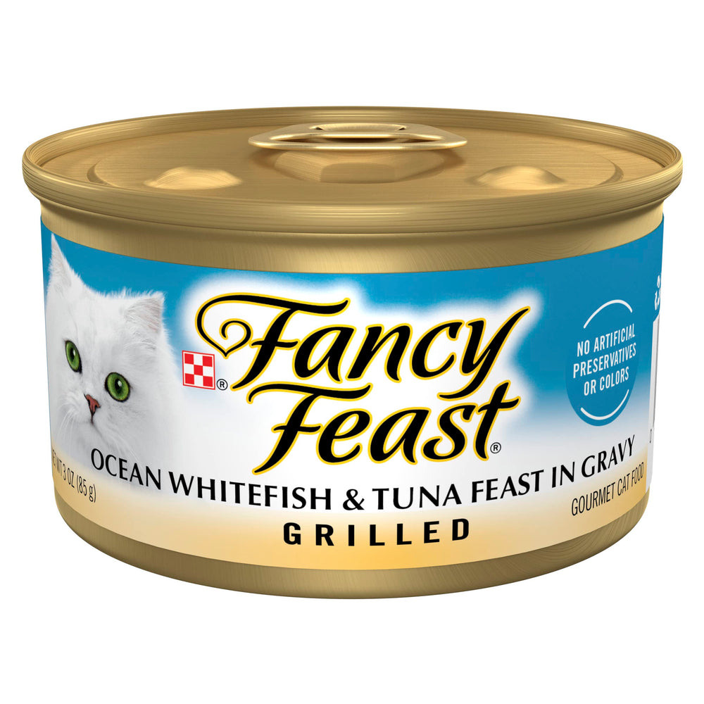 Fancy Feast Grilled Ocean Whitefish y Atun en lata 85 g: sabor marino para tu gato.