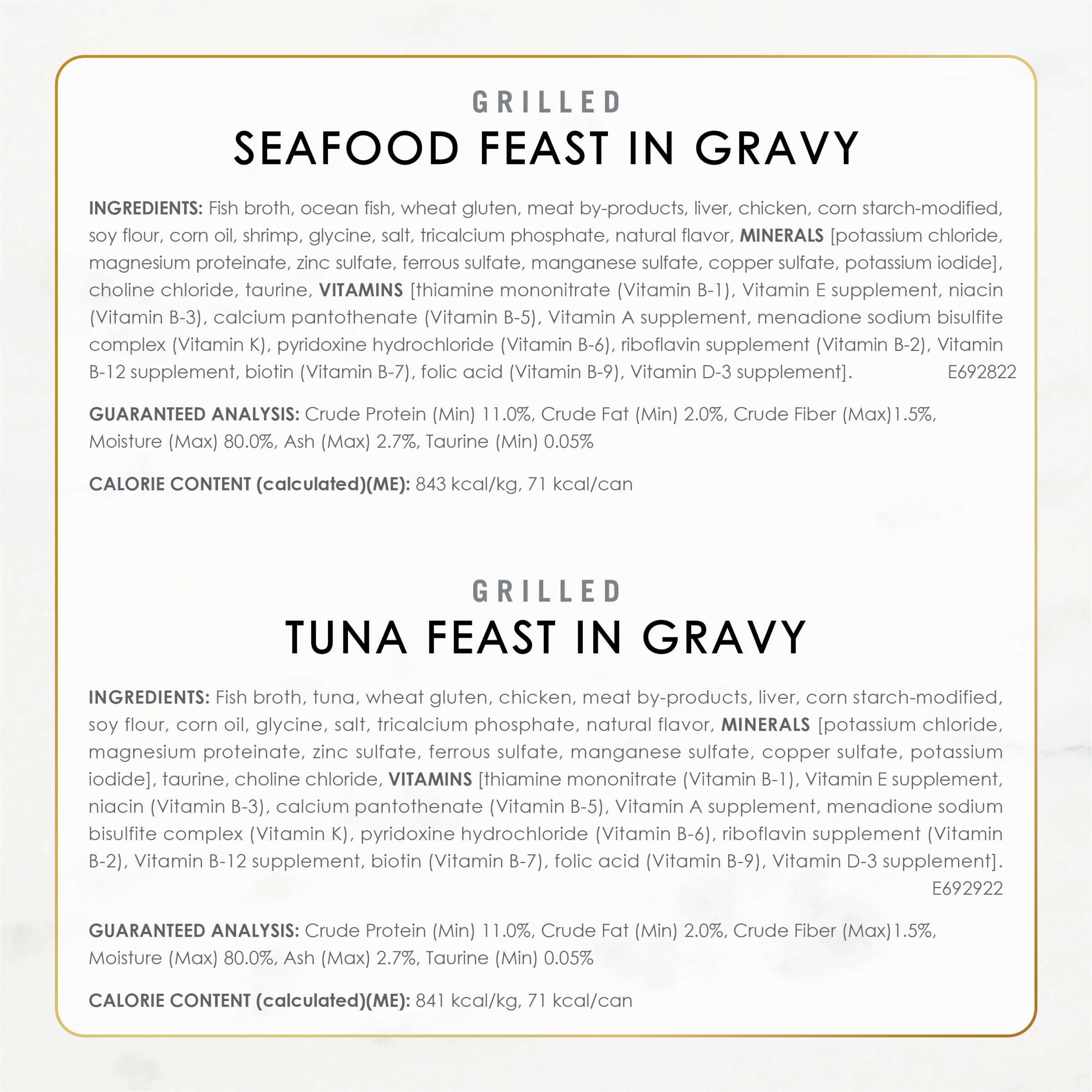 Fancy Feast Grilled Seafood, lata de 3 onzas, sin colores artificiales.