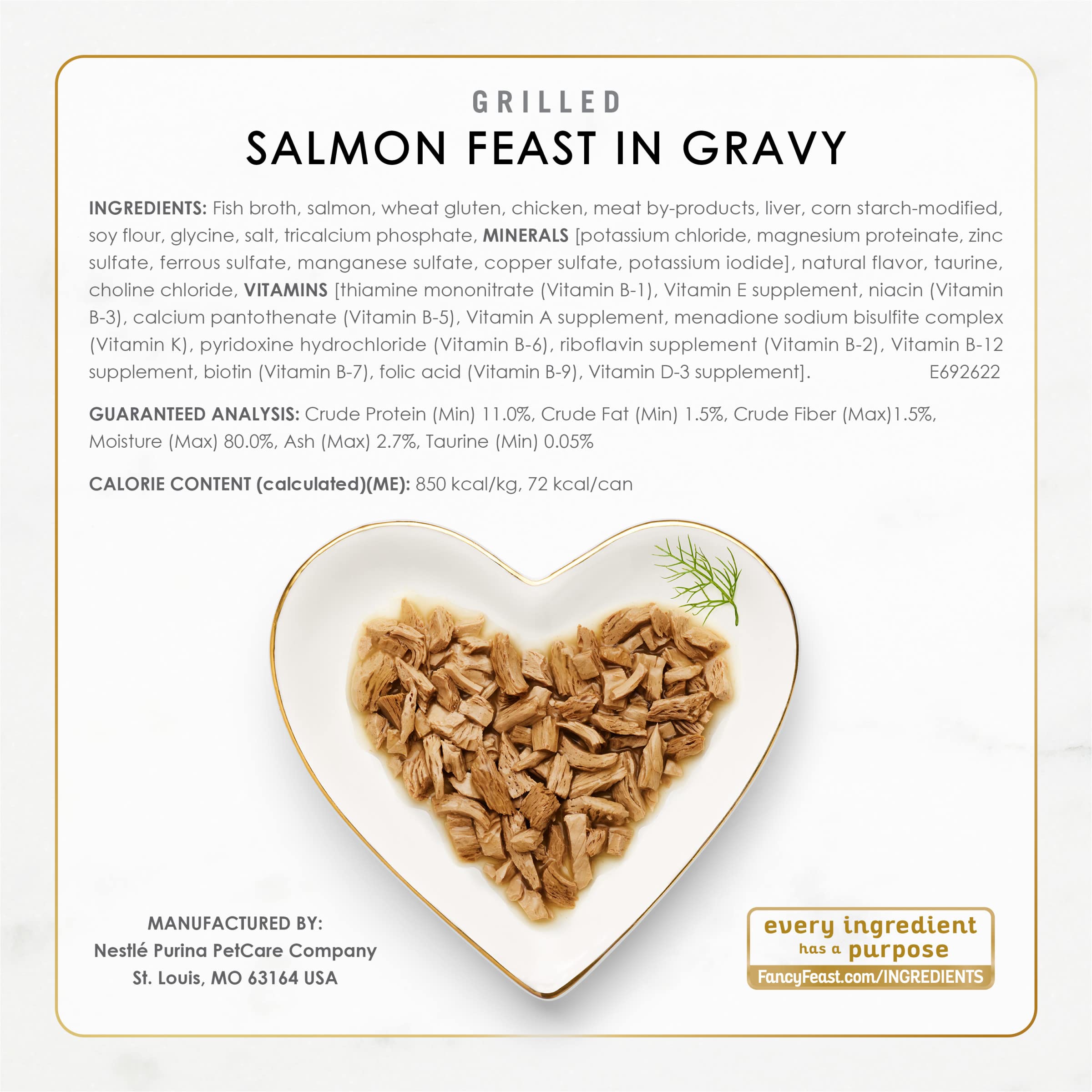 Fancy Feast Grilled Seafood en lata de 3 onzas, mariscos reales en salsa suave.