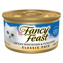Fancy Feast Ocean Whitefish y Atún en lata, sabor marino para gatos exigentes.