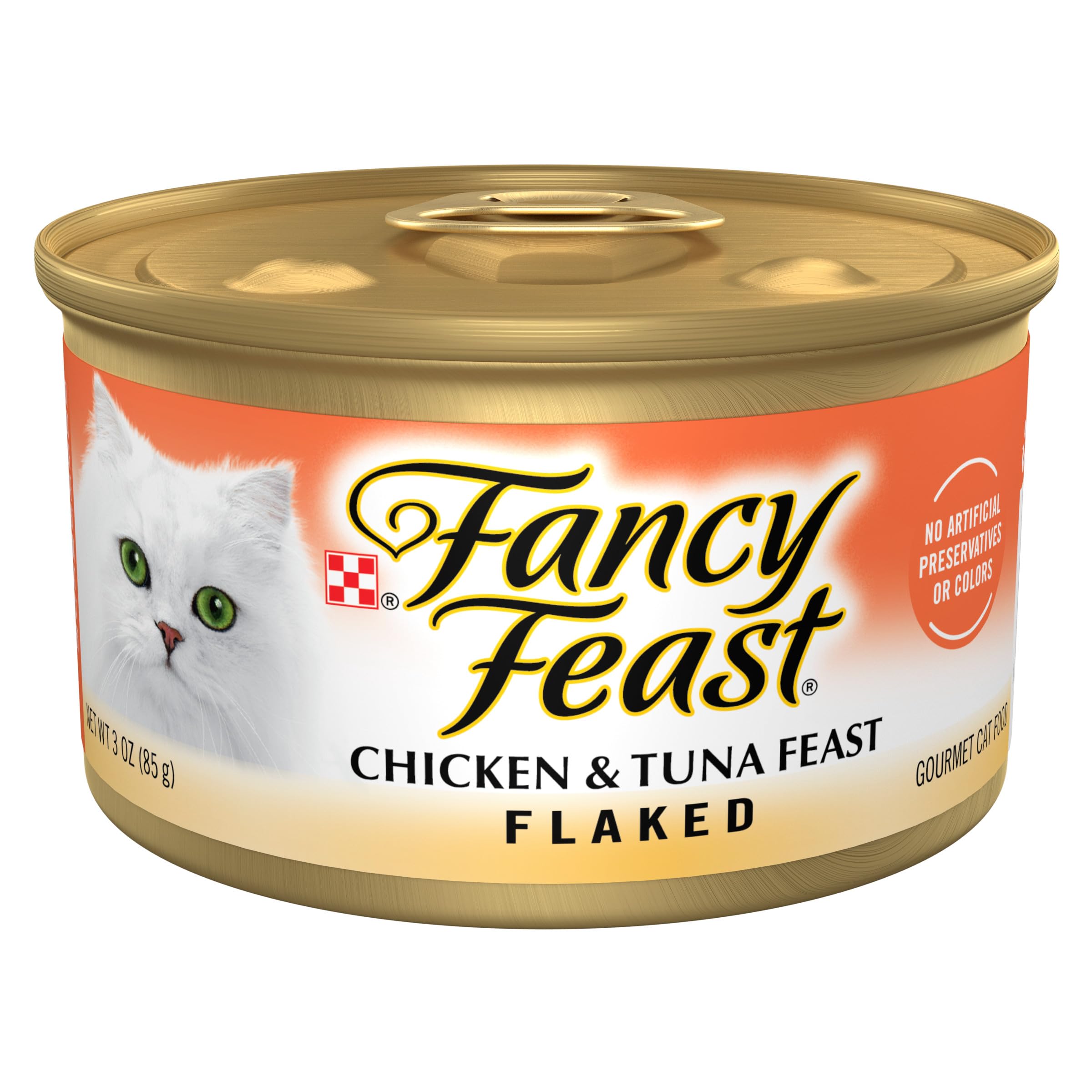 Fancy Feast lata pollo y atún en copos, textura atractiva para cada comida.
