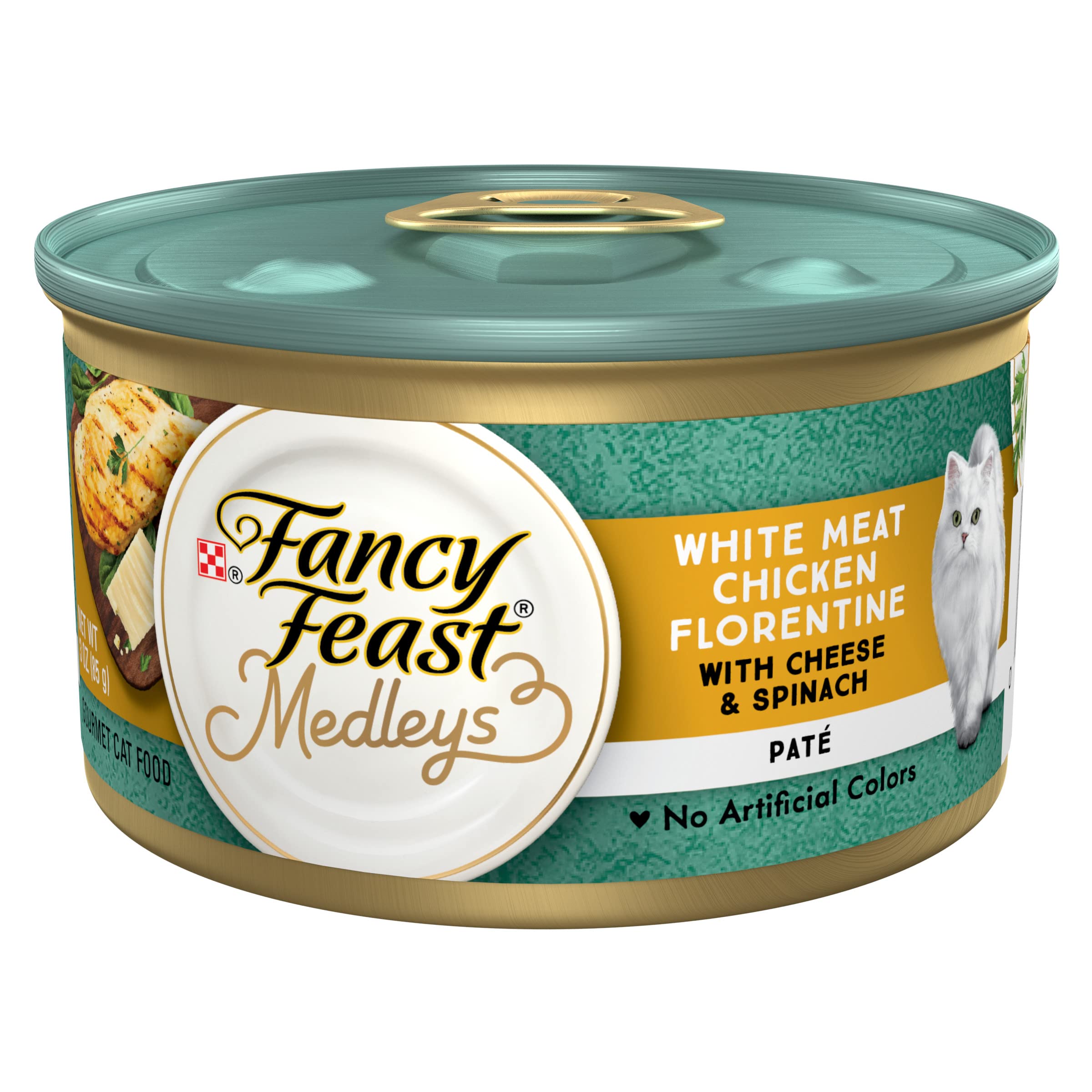 Lata de Fancy Feast Medleys con pollo blanco, queso y espinacas, sabor italiano.