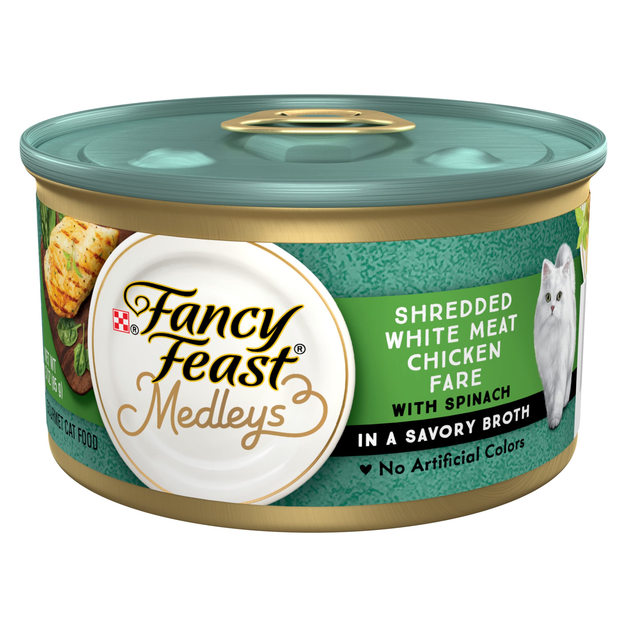 Purina Fancy Feast Medleys con pollo desmenuzado y espinacas en caldo sabroso para gatos adultos.