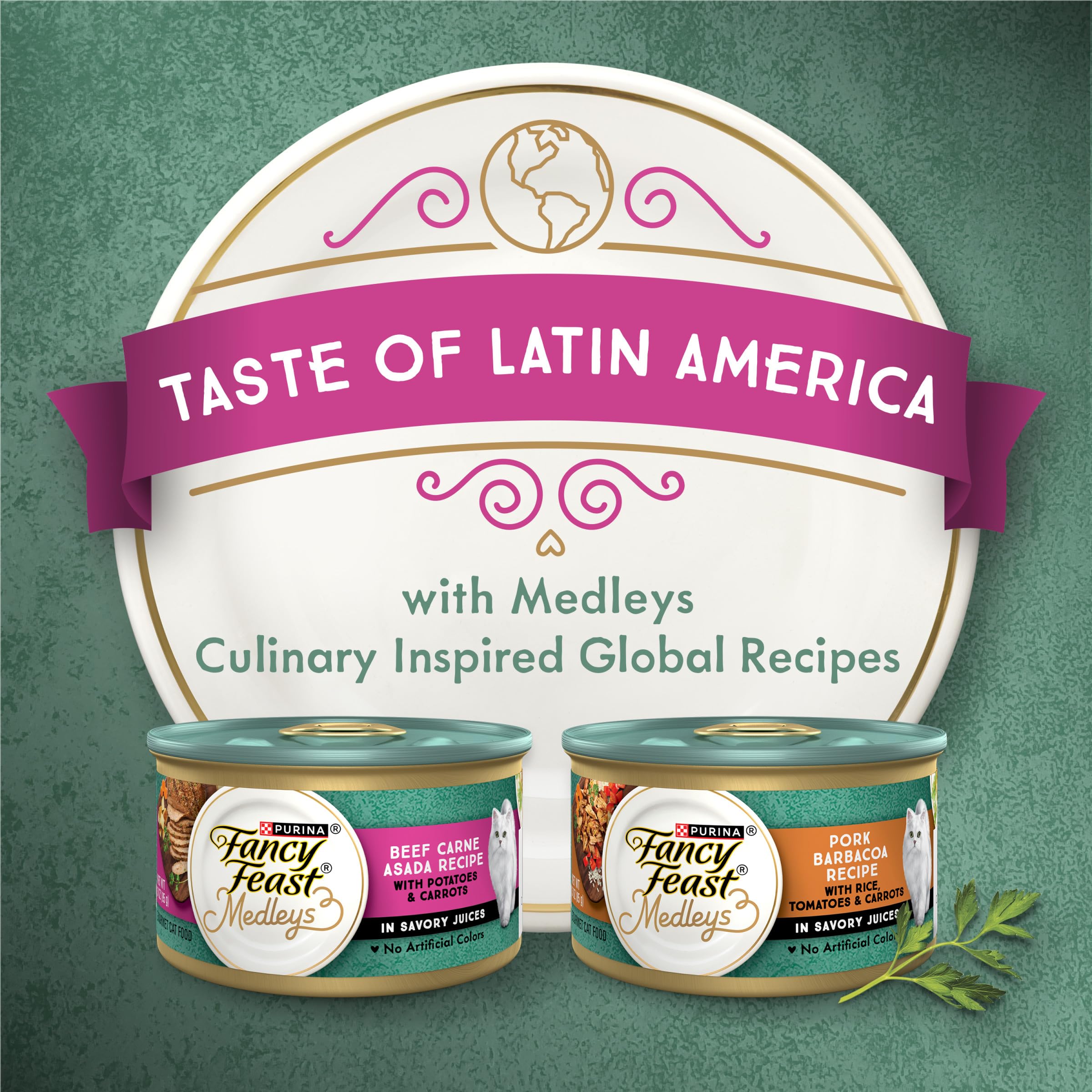 Fancy Feast Medleys sabor latino inspirado, variedad diaria.