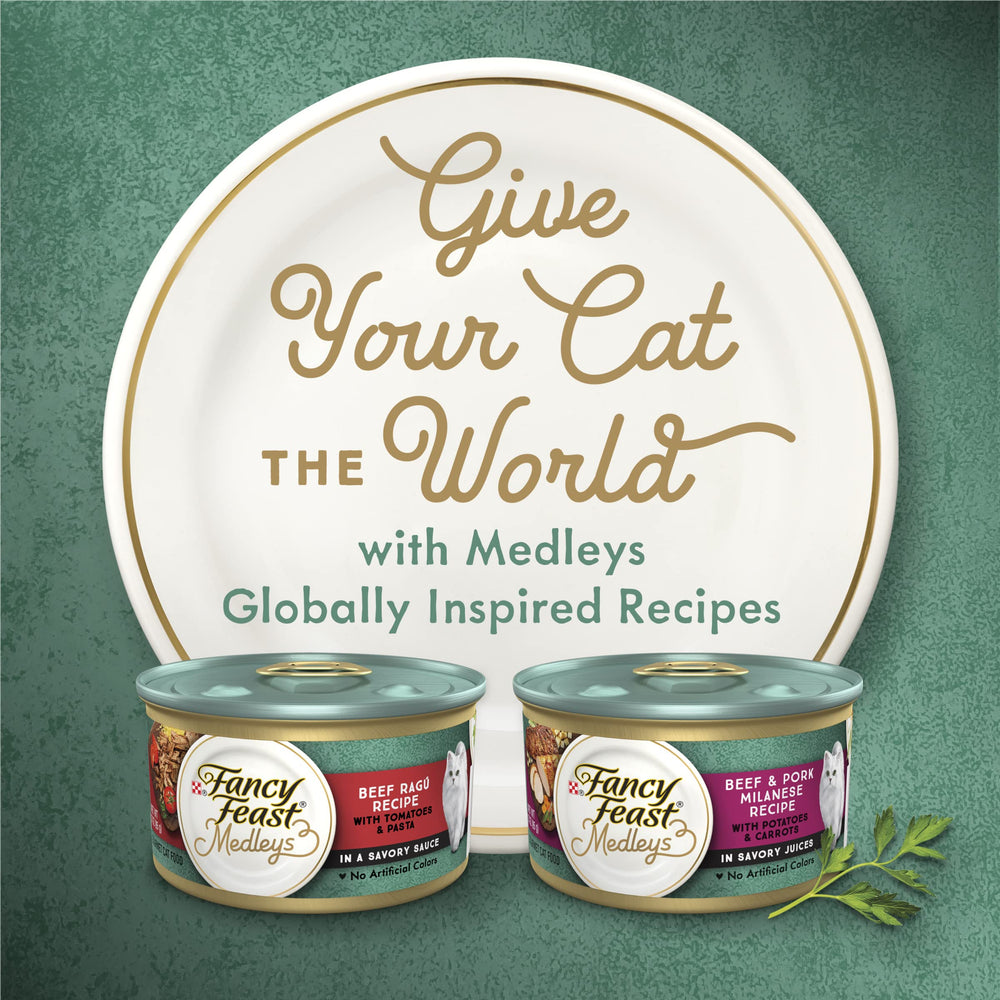 Fancy Feast Medleys sin-artificiales-preservantes en lata, dieta más natural.