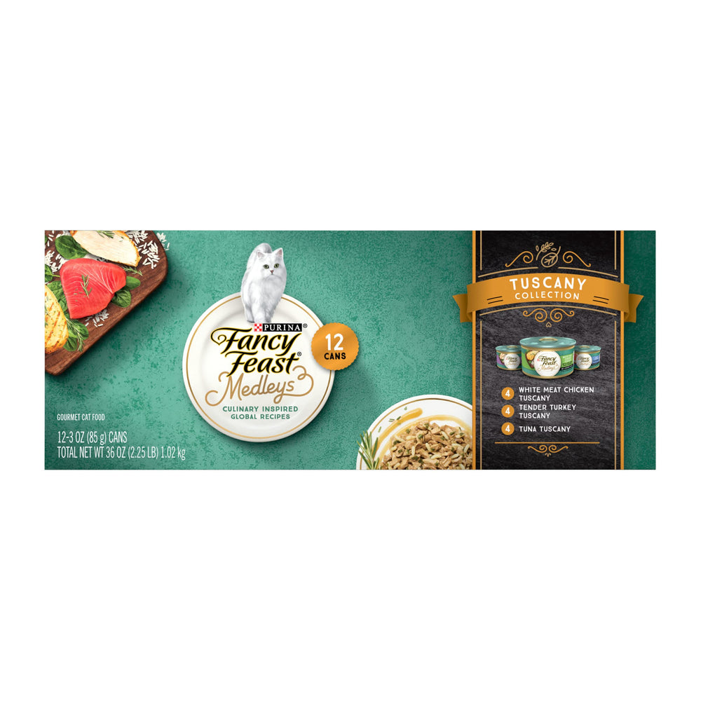 Fancy Feast Medleys Toscana, lata de 3 oz con trozos reales en salsa.
