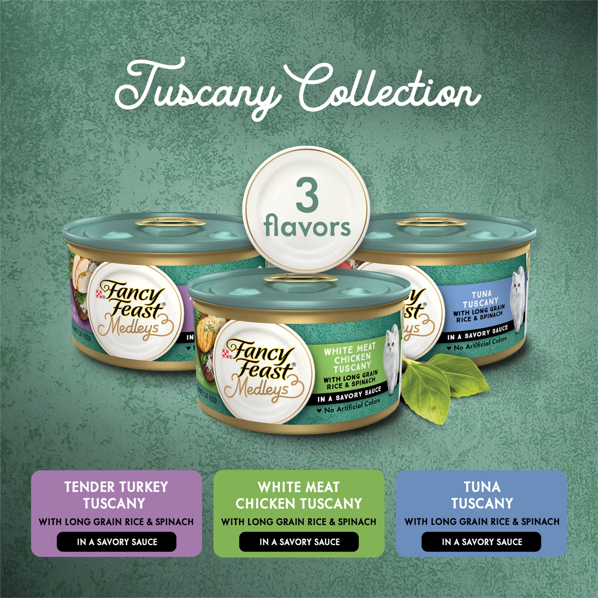 Fancy Feast Medleys Toscana, lata de pavo 3 oz con trozos jugosos.