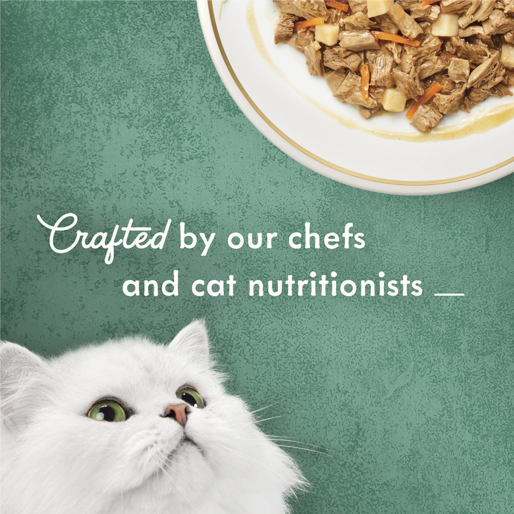 Fancy Feast Medleys zanahorias-papas en salsa en lata, aroma apetitoso.