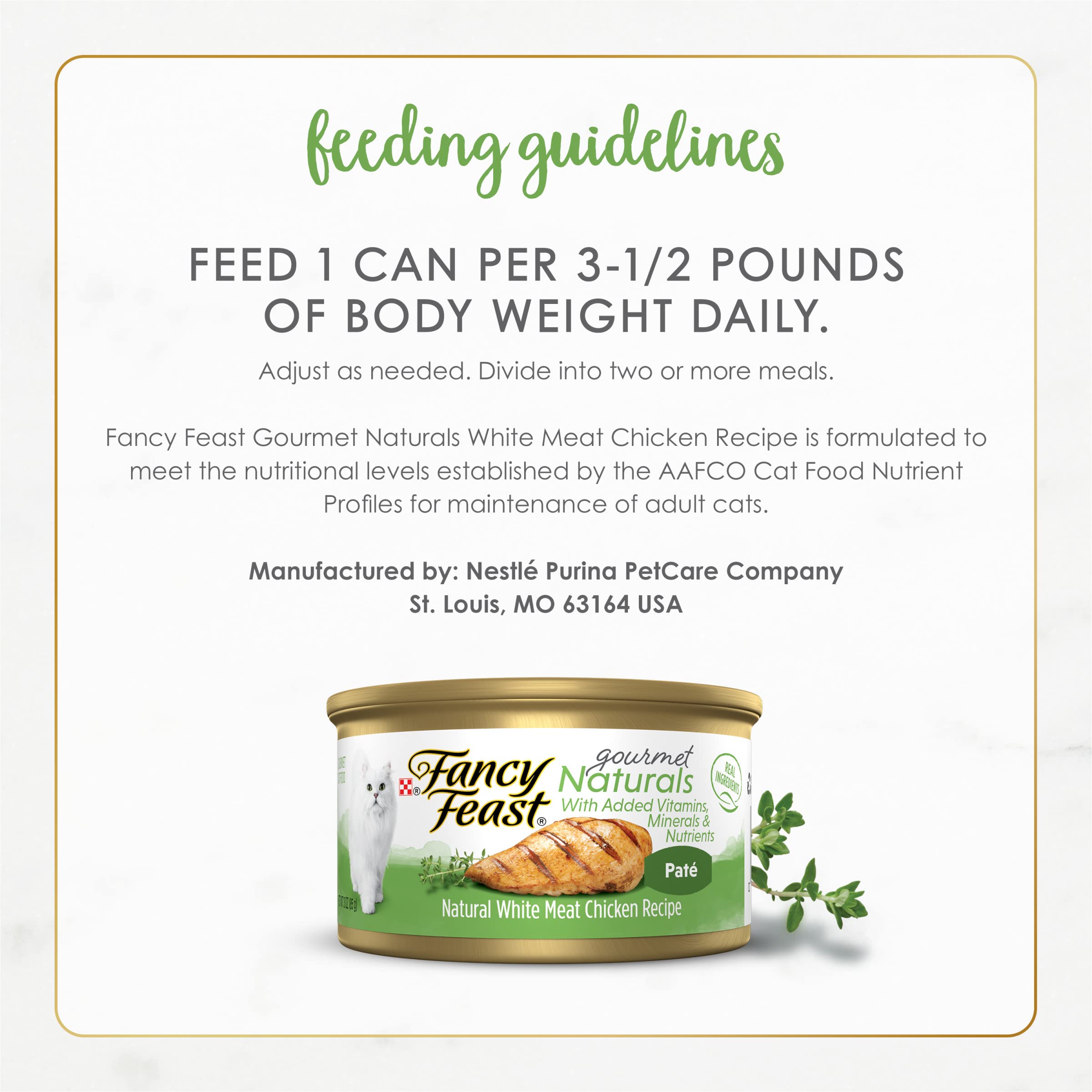 Presentación lista para servir Fancy Feast Naturals Pate de pollo blanco.