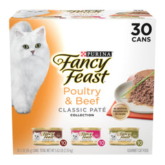 Fancy Feast paté de pavo, pollo y res en lata de 3 oz, opción sabrosa para gatos.