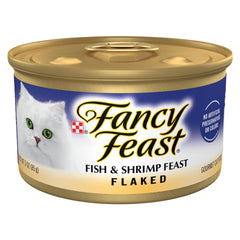 Fancy Feast pez y camarones: textura desmenuzada para gatos adultos.