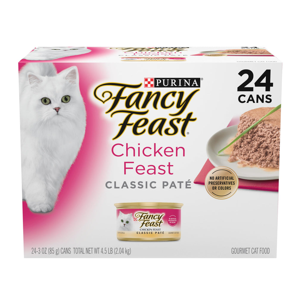 Fancy Feast Chicken Feast Clásico Pate, lata 3 oz abierta mostrando textura suave.