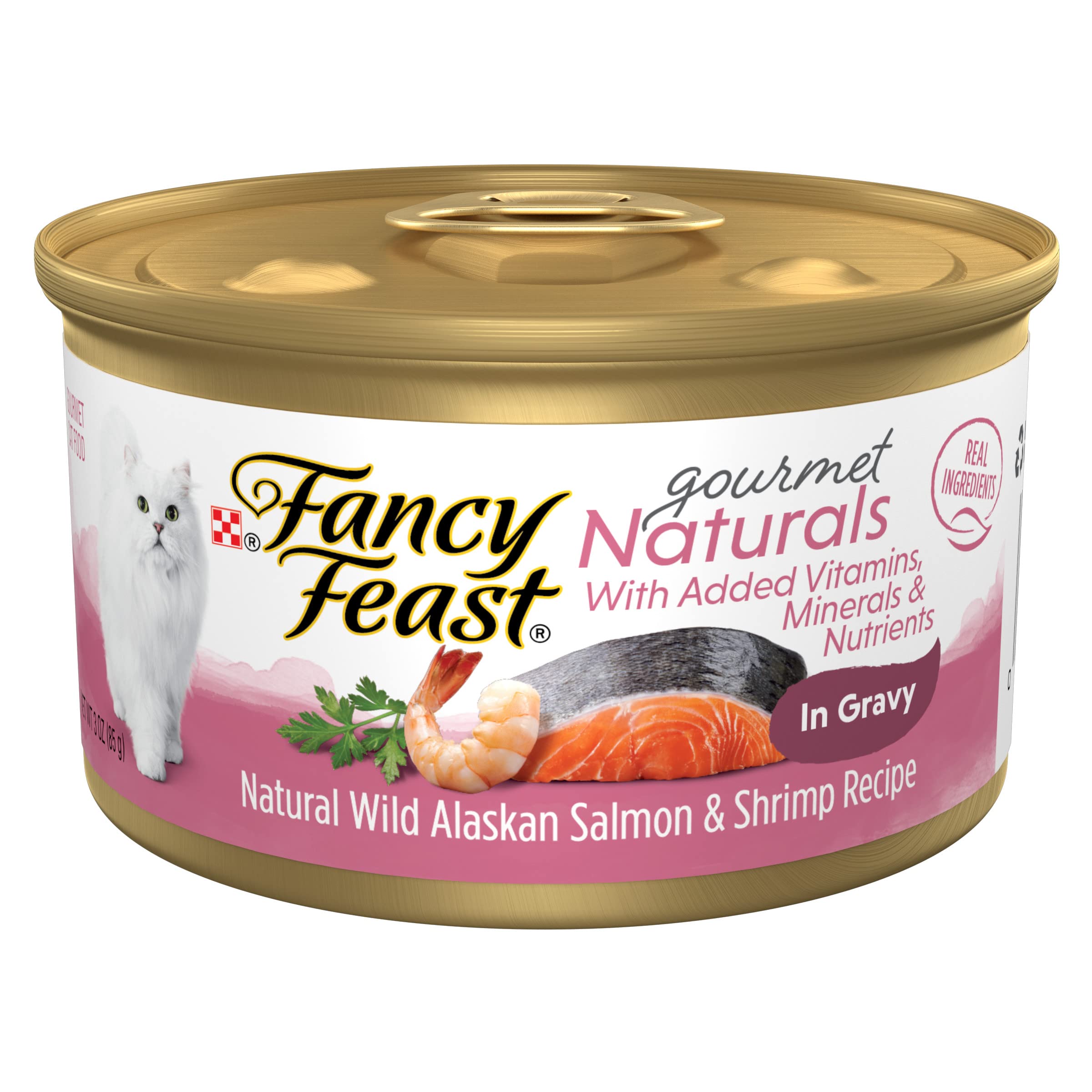 Fancy Feast salmón Alaska y camarones en salsa, sabor gourmet y proteína para músculos.