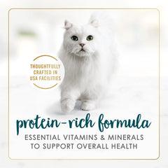 Fancy Feast comida húmeda marino, salmón y camarón, nutrición completa para gatos activos.