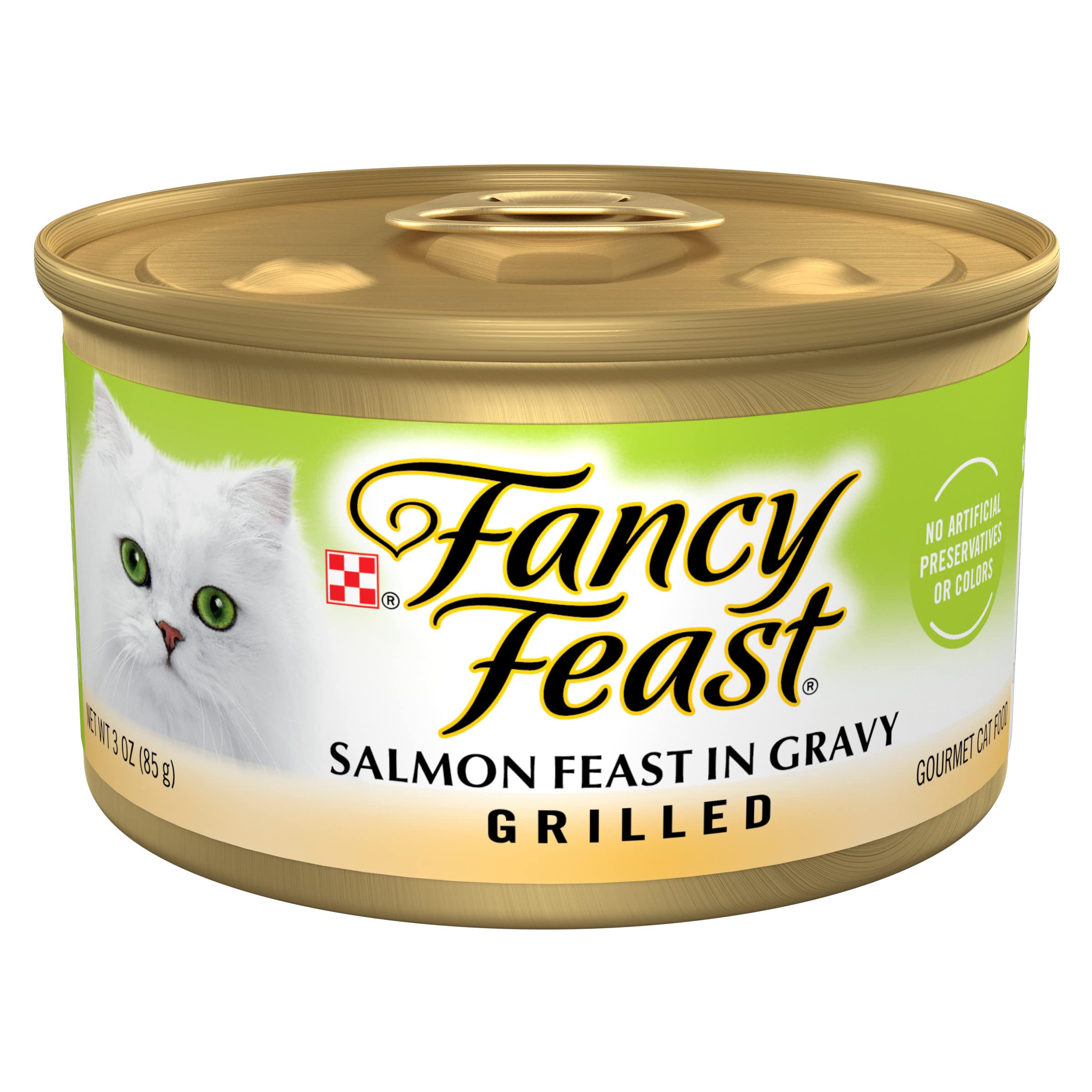 Fancy Feast salmón grillado en lata 3oz, trozos jugosos para gusto gourmet.