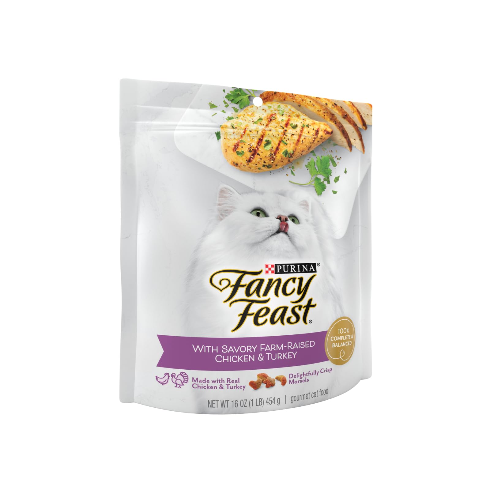 Fancy Feast comida seca para gatos, sabor pollo y pavo que atrae a los comensales exigentes