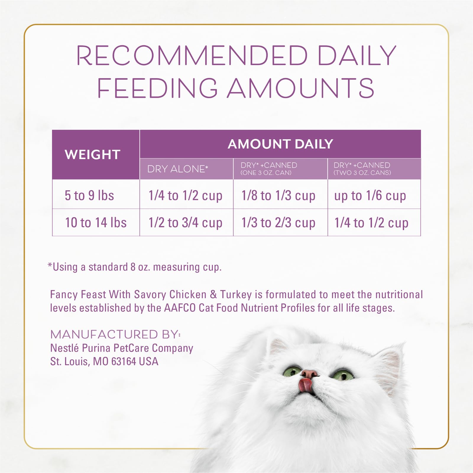 Fancy Feast contiene vitaminas y minerales esenciales para apoyar el bienestar felino
