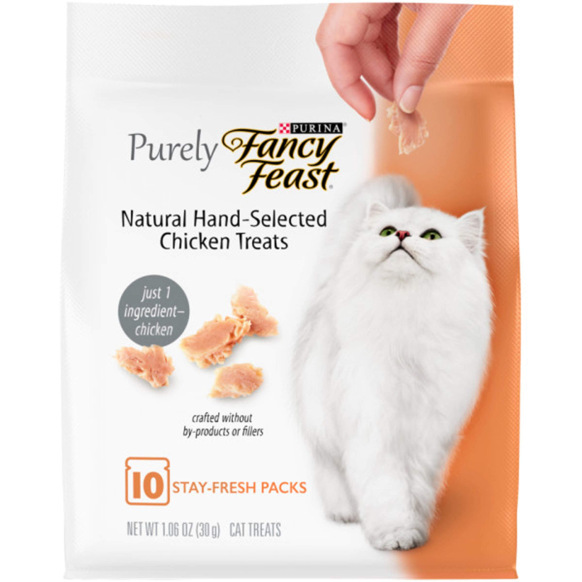 Purina Fancy Feast snacks naturales para gatos, pollo seleccionado, en envase de 10 bolsitas.