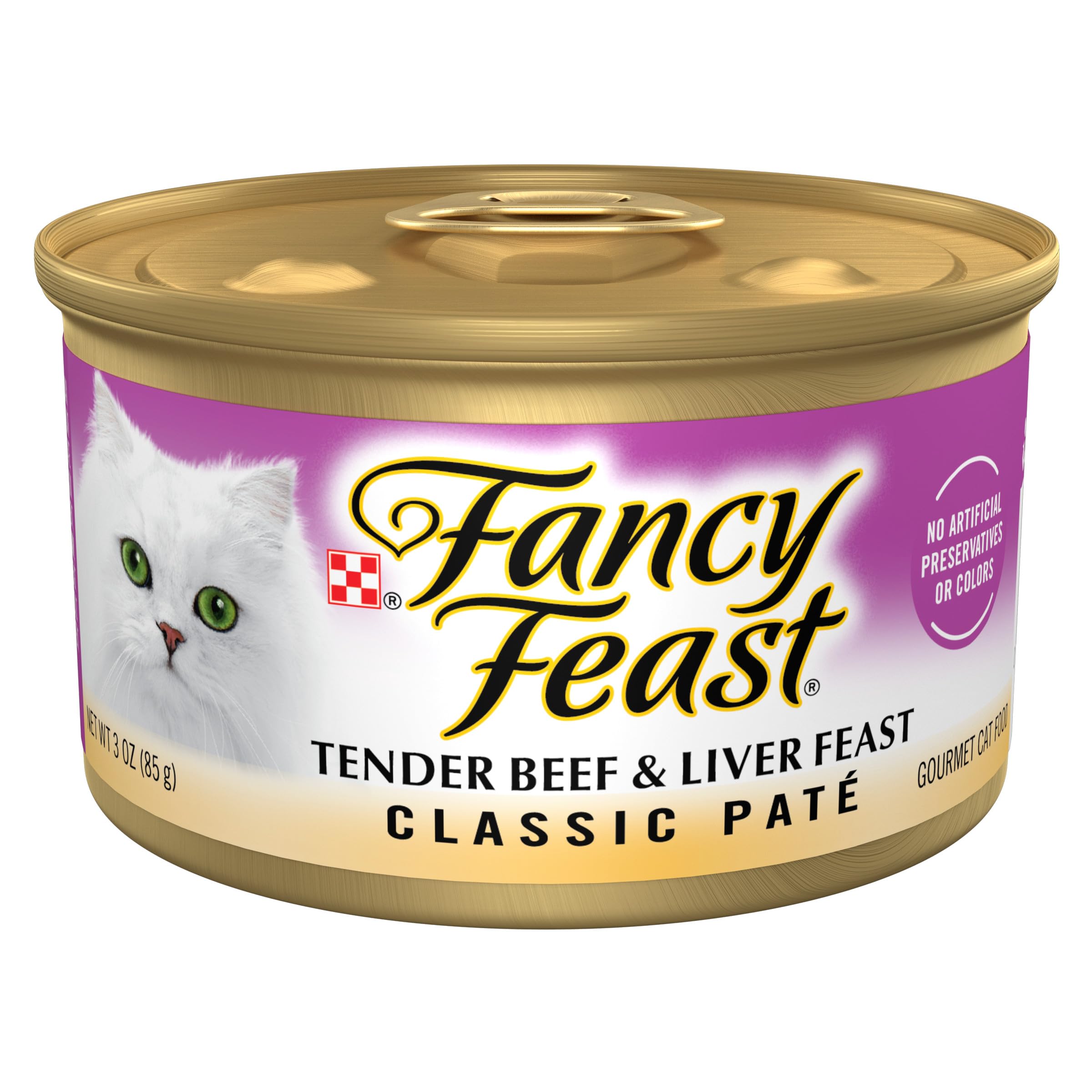 Fancy Feast, lata de ternera e hígado, sabor gourmet para gatos.