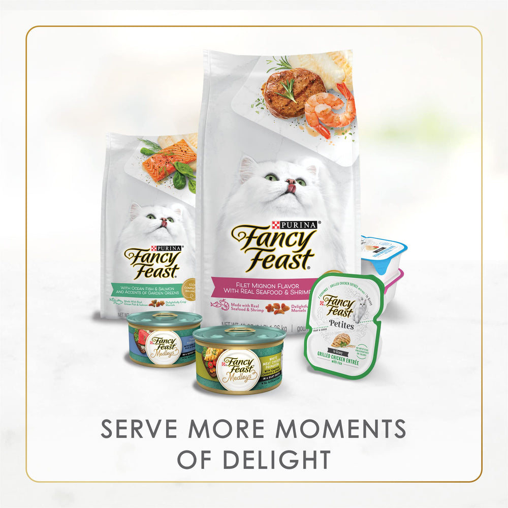 Fancy Feast trucha alta en proteína, apoyo para energía diaria.