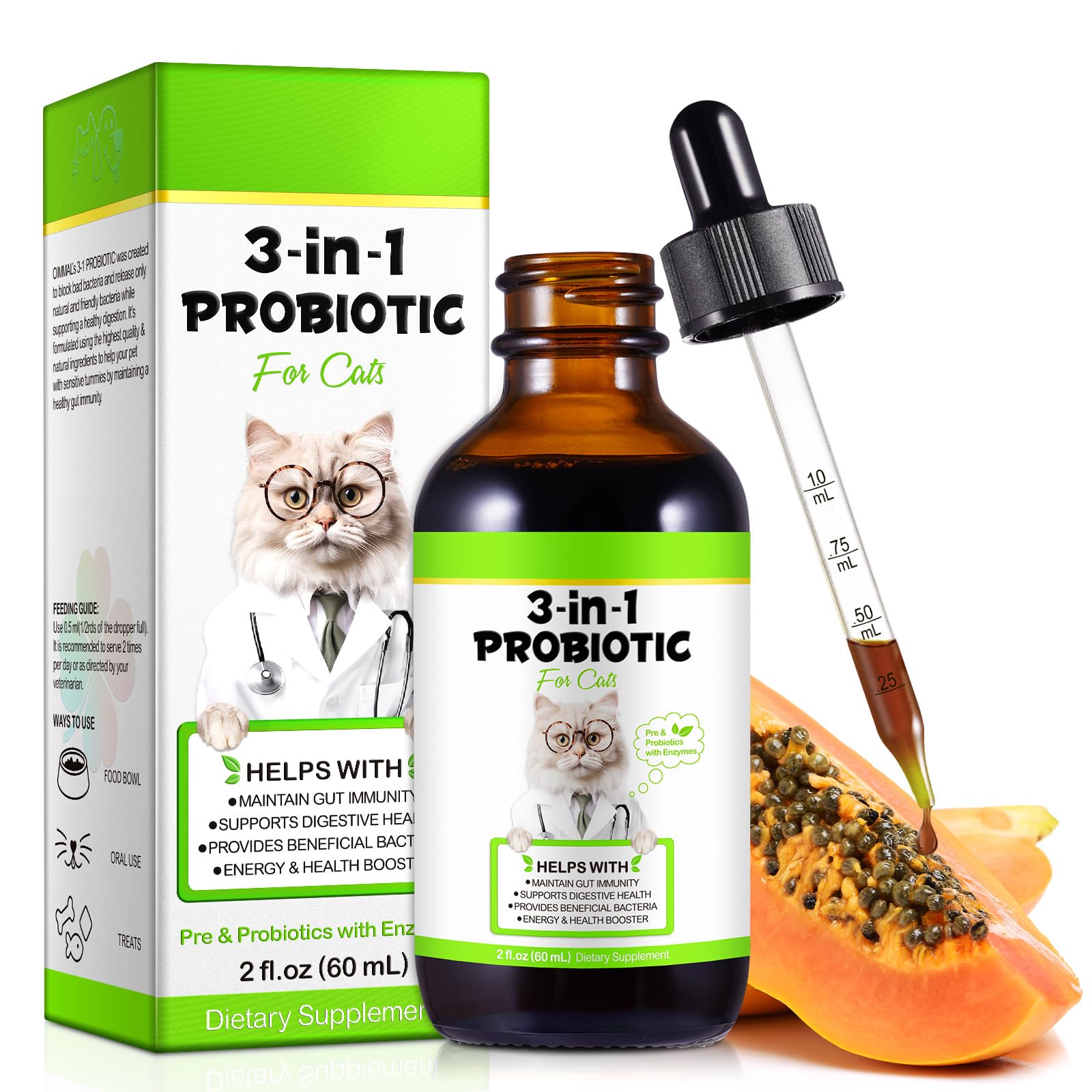 FANGCUN probióticos para gatos, botella de 60 ml, apoyo digestivo suave.