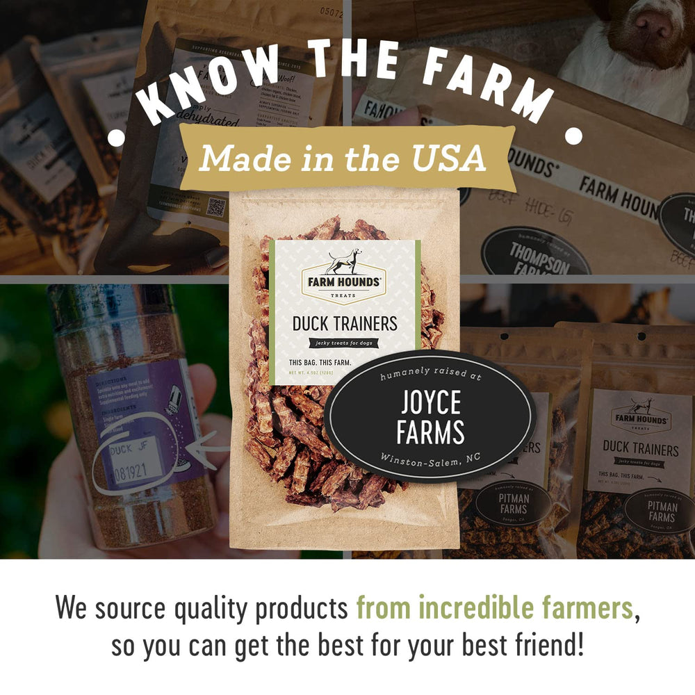 Farm Hounds entrenadores de pato, ingredientes naturales, sin aditivos para snack responsables.