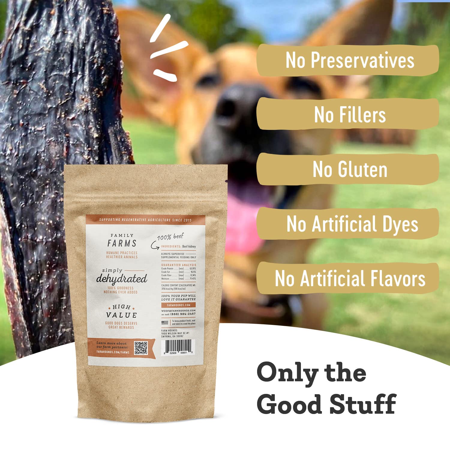 Farm Hounds hecho-en-eeuu jerky para perros, calidad local.