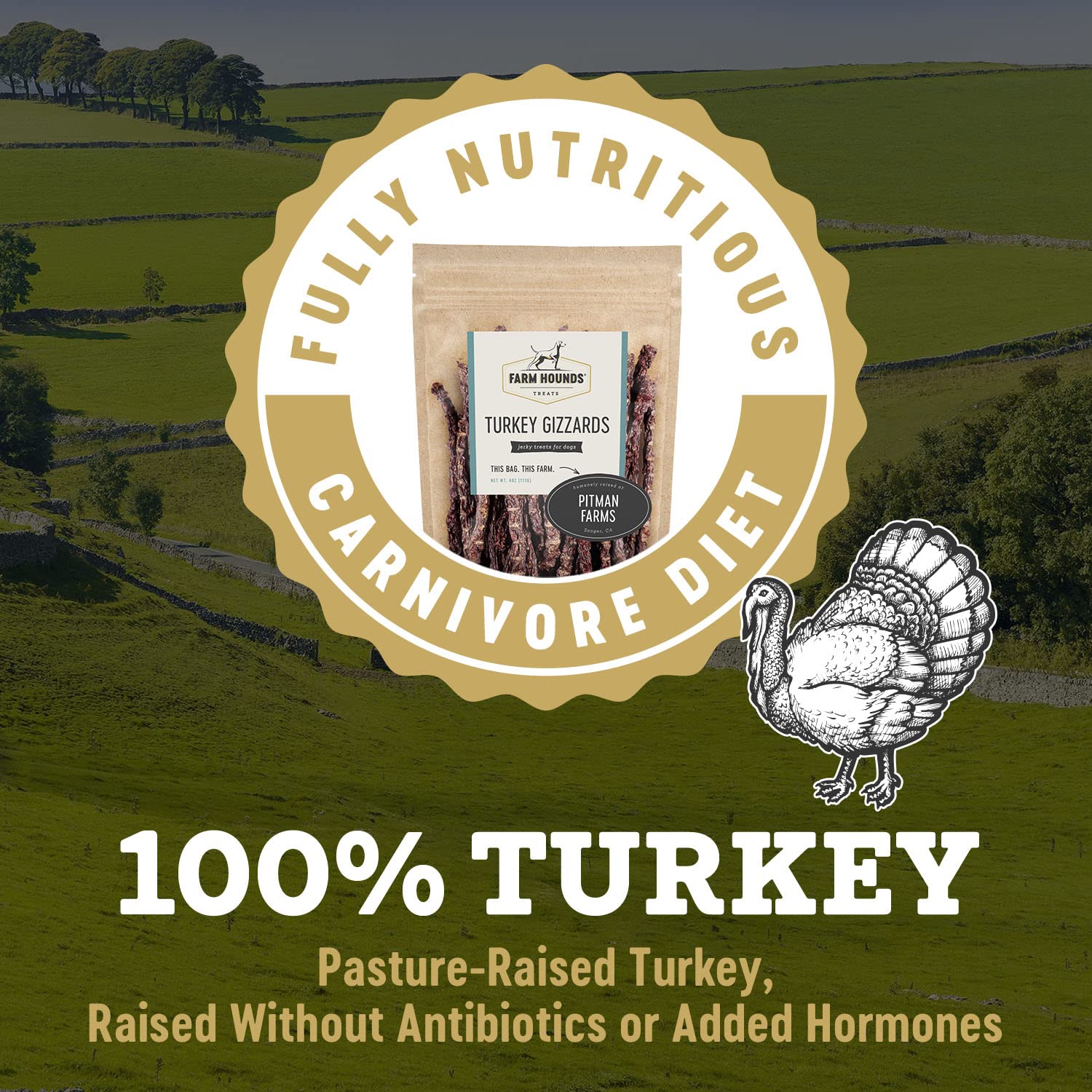 Farm Hounds jerky de pavo, textura masticable para perros.