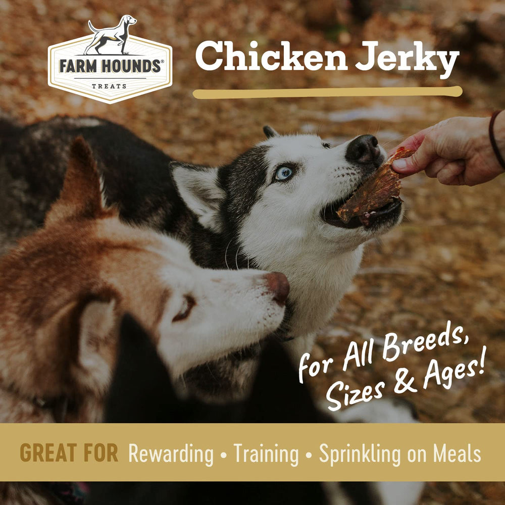 Farm Hounds jerky de pollo con etiqueta de origen en Estados Unidos.