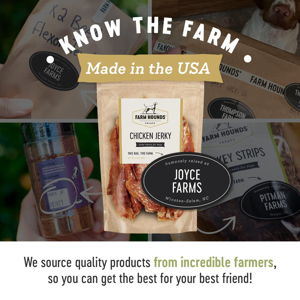 Farm Hounds jerky de pollo con ingredientes naturales.