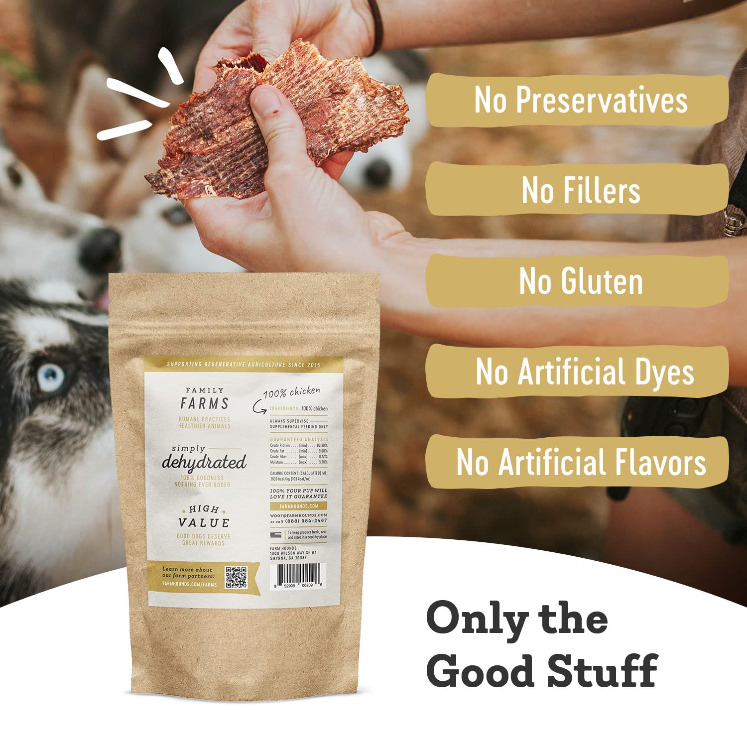 Farm Hounds jerky de pollo sabor atractivo para perros.