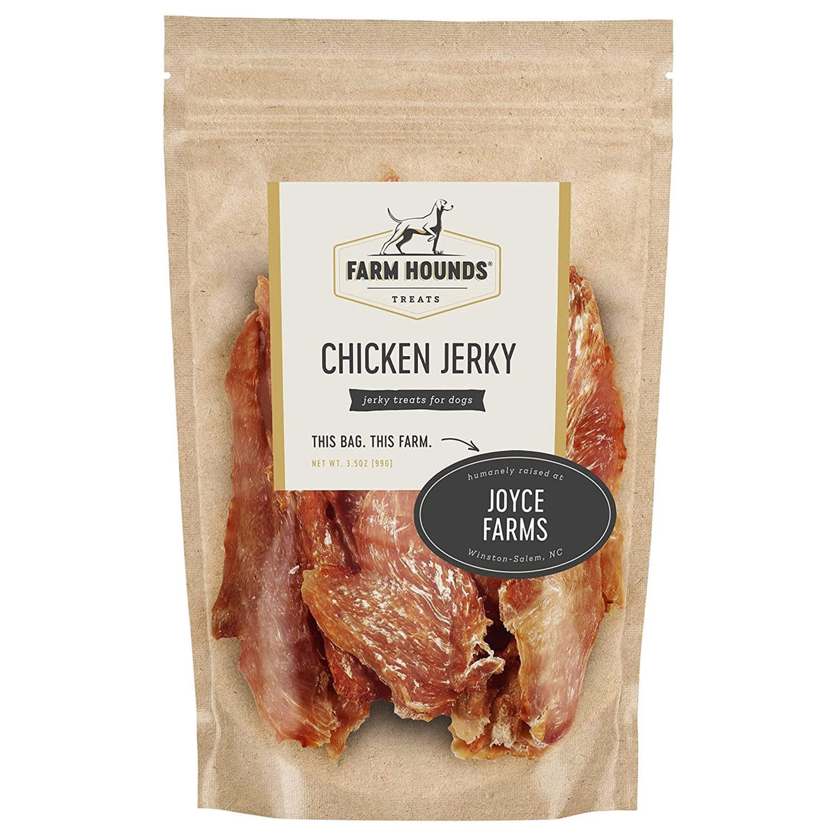Farm Hounds jerky de pollo en bolsa de tres punto cinco onzas para entrenamiento.
