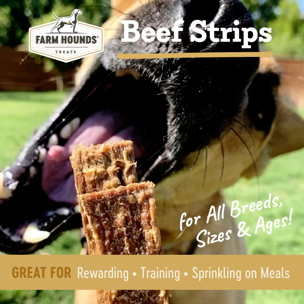 Farm Hounds Tiras de Ternera, ingredientes naturales visibles, sin rellenos.