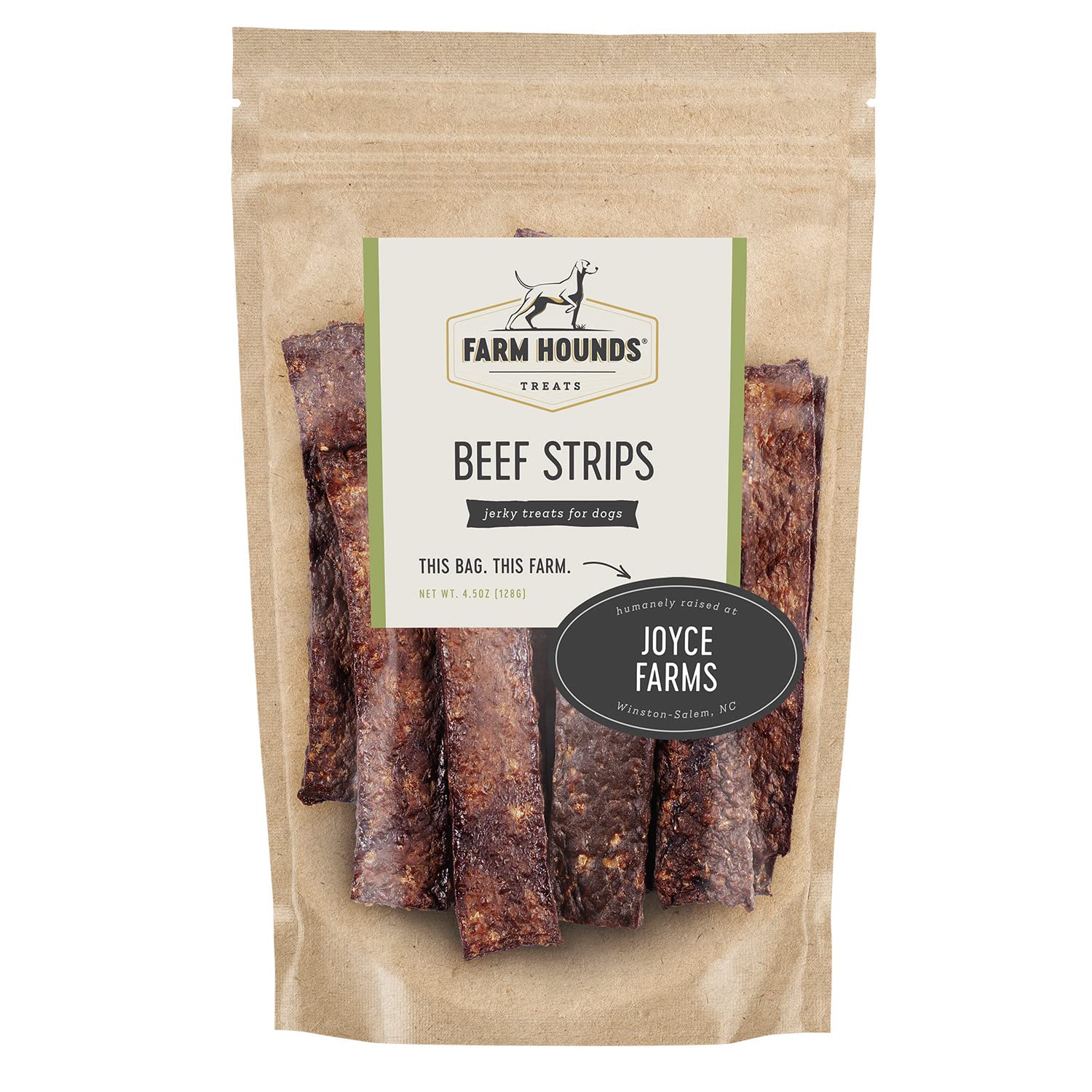 Farm Hounds Tiras de Ternera, paquete frontal, snack natural para entrenamiento.