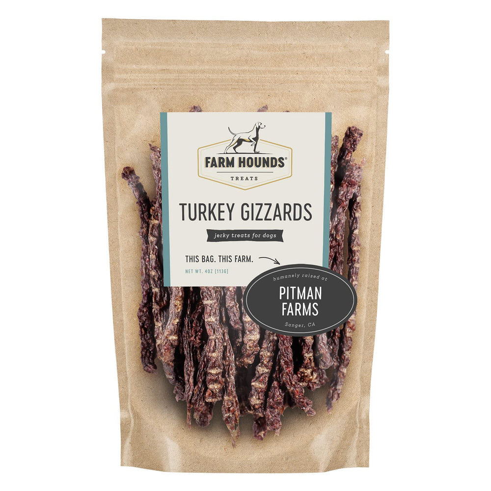Farm Hounds turkey gizzards bag – 4oz jerky for dogs, ideal training rewards.