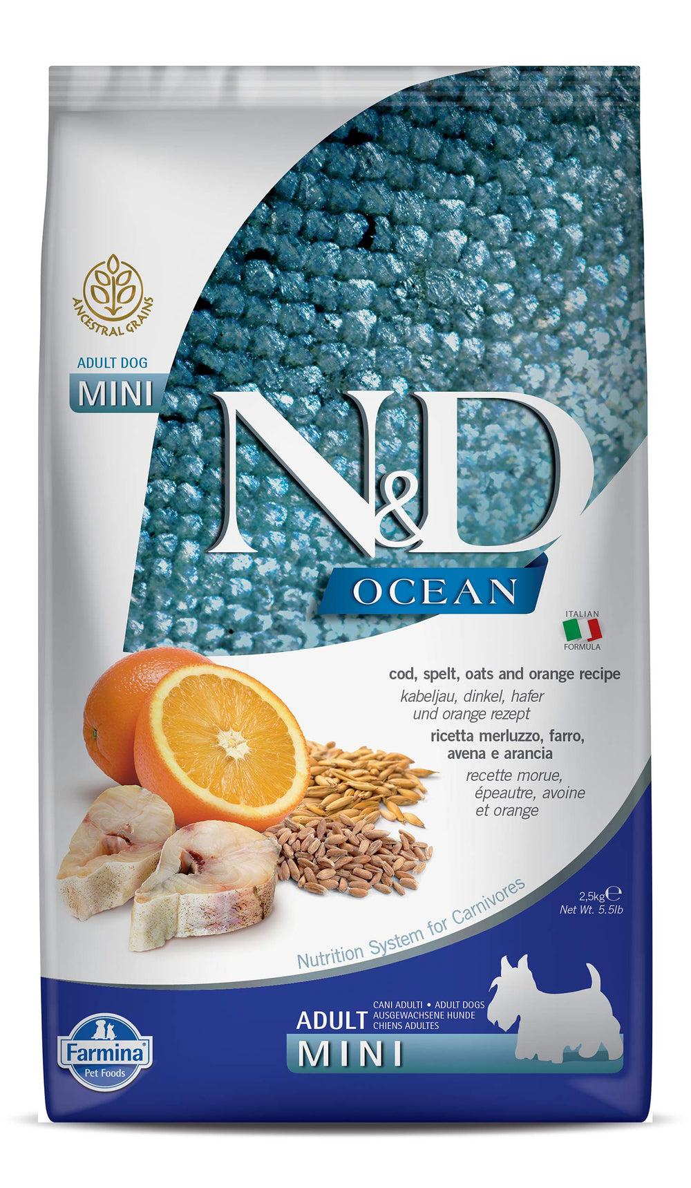 Farmina Cod Spelt Oats Orange Adult Mini: ingredientes clave para una nutrición equilibrada.