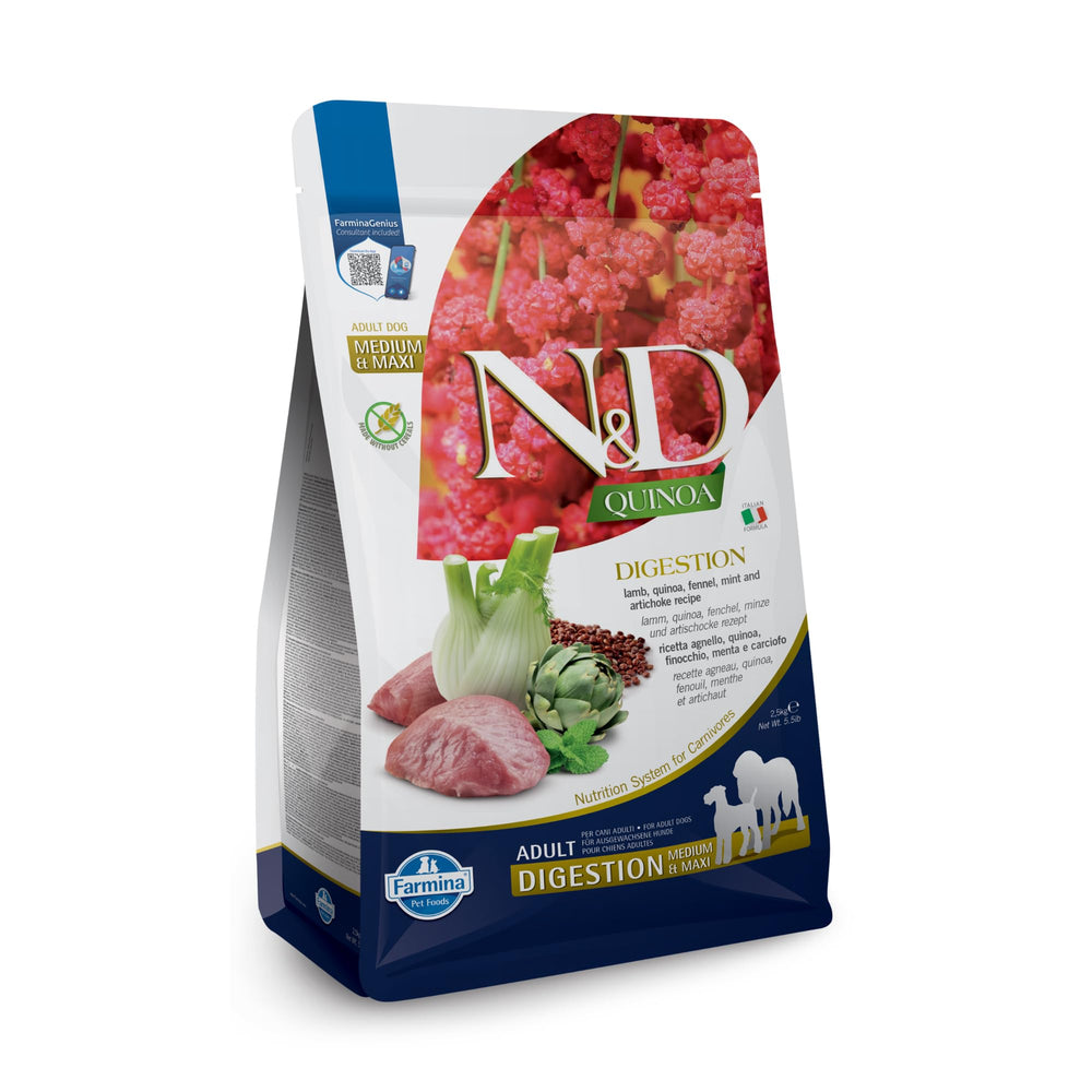 Farmina Digestion Lamb, ingredientes visibles, posible apoyo digestivo gracias a quinoa y hierbas.