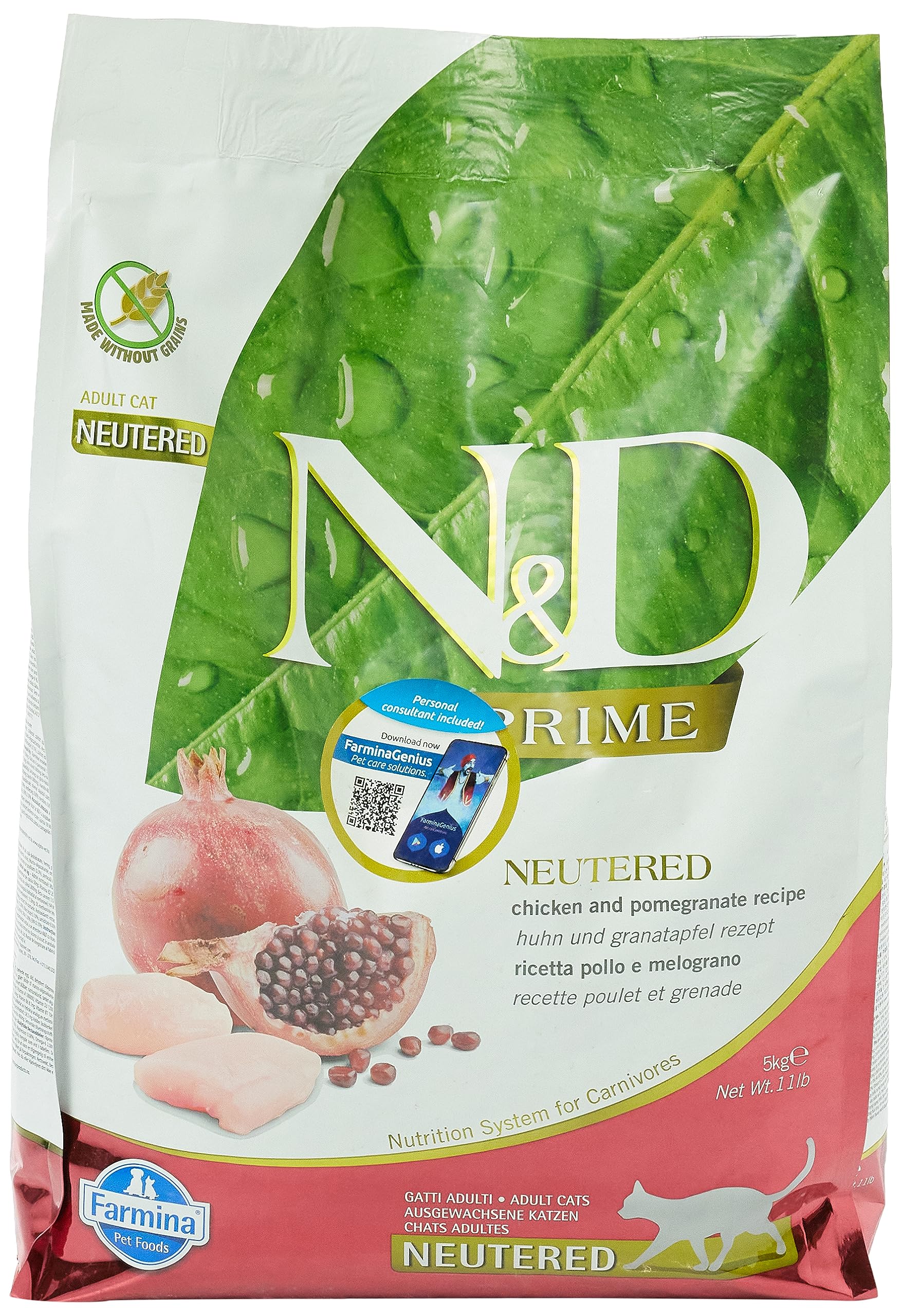 Farmina N&D GF Pollo y Granada, bolsa de 11 lb, nutrición sin granos para gatos adultos.